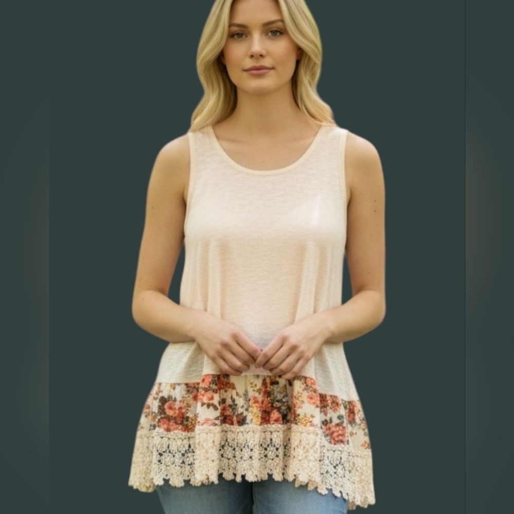 3/$30 PS KATE Cream Floral Boho Sleeveless Lace Swing Blouse